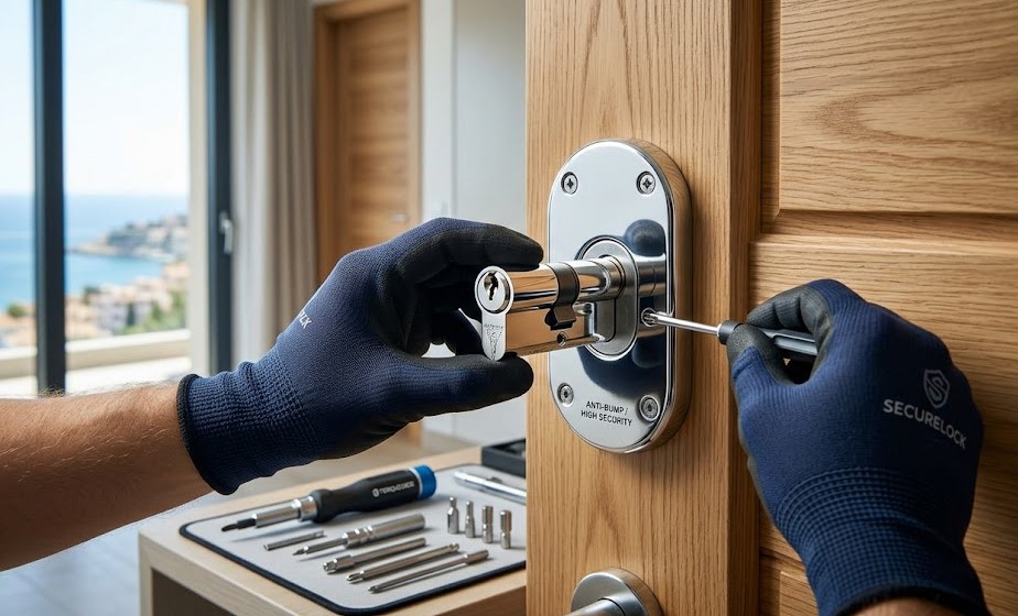 Especialista instalando cerradura de alta seguridad en puerta de chalet en Platja d'Aro